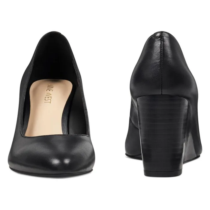 Jazzin Almond Toe Wedges Black Leather Women Nine West Heels
