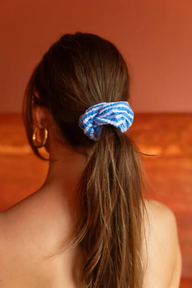 Jewelry and Accessories Hair Clips Easy Clothes Blue And Ecru Striped Devo Scrunchy Blue And Ecru