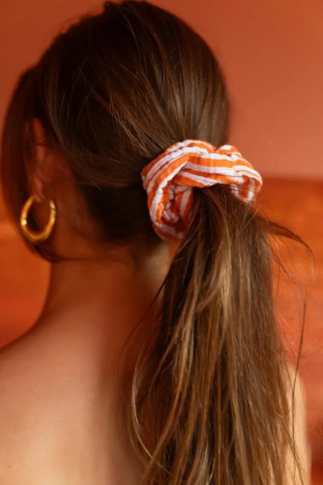 Jewelry and Accessories Hair Clips Easy Clothes Orange And Ecru Striped Devo Scrunchy Orange And Ecru