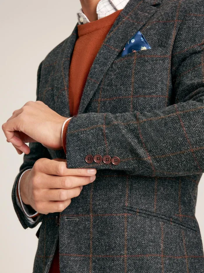 Joules Coats and Jackets Men Charcoal Grey Windowpane Check Wool Rich Blazer