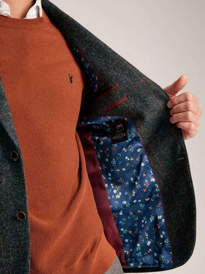 Joules Coats and Jackets Men Charcoal Grey Windowpane Check Wool Rich Blazer