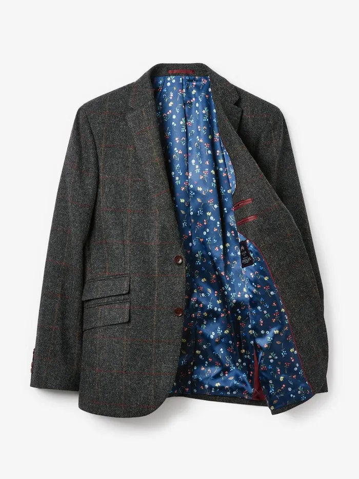 Joules Coats and Jackets Men Charcoal Grey Windowpane Check Wool Rich Blazer
