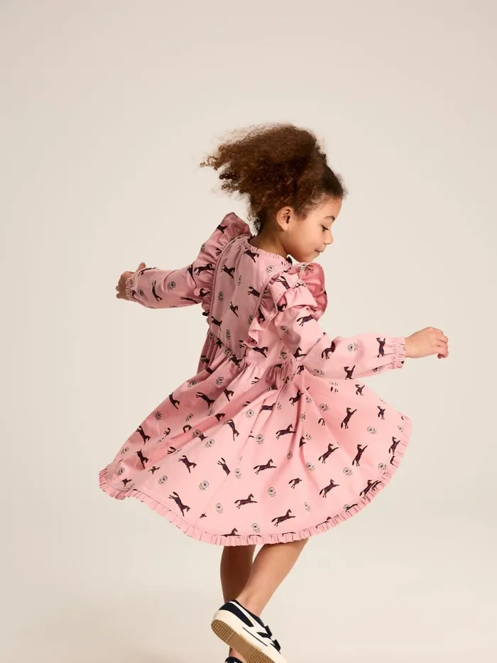 Joules Dresses Girls Pink Horse Print Long Sleeve Frilled Dress