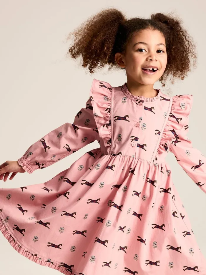 Joules Dresses Girls Pink Horse Print Long Sleeve Frilled Dress