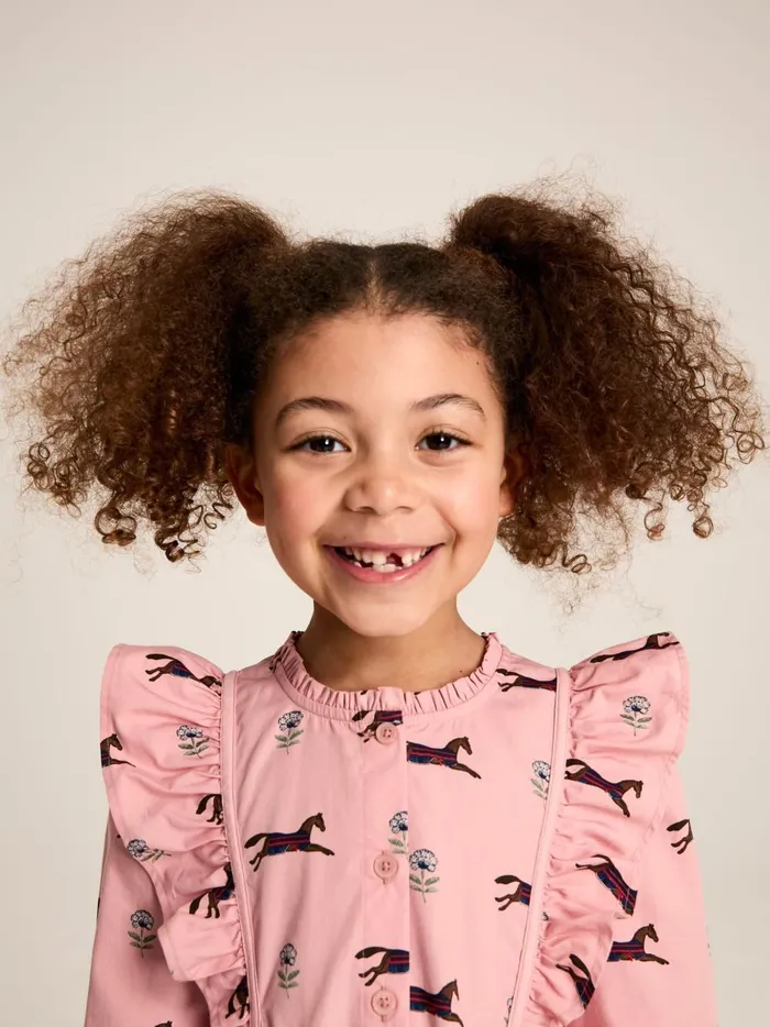 Joules Dresses Girls Pink Horse Print Long Sleeve Frilled Dress