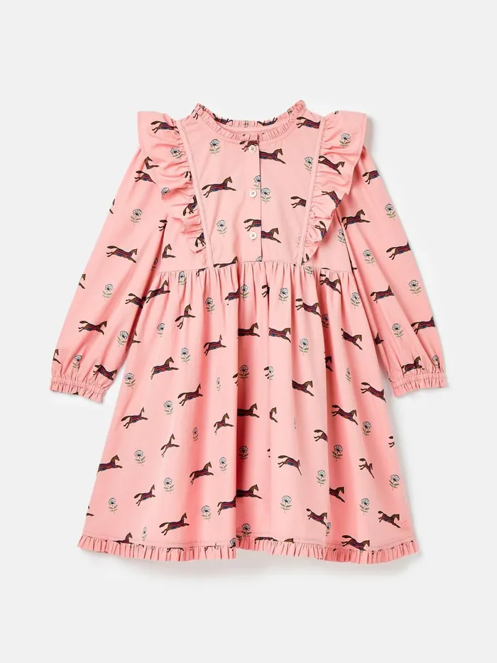 Joules Dresses Girls Pink Horse Print Long Sleeve Frilled Dress