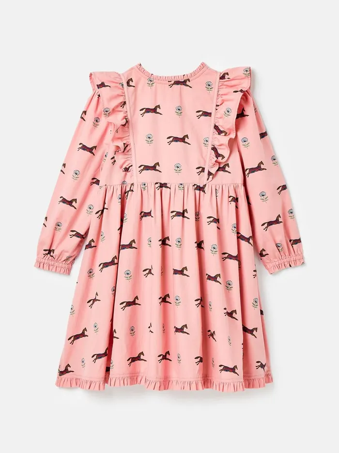Joules Dresses Girls Pink Horse Print Long Sleeve Frilled Dress