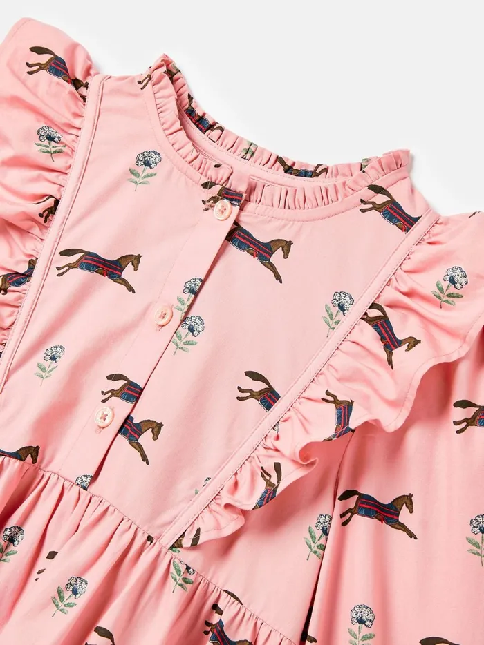 Joules Dresses Girls Pink Horse Print Long Sleeve Frilled Dress