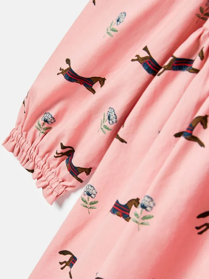 Joules Dresses Girls Pink Horse Print Long Sleeve Frilled Dress