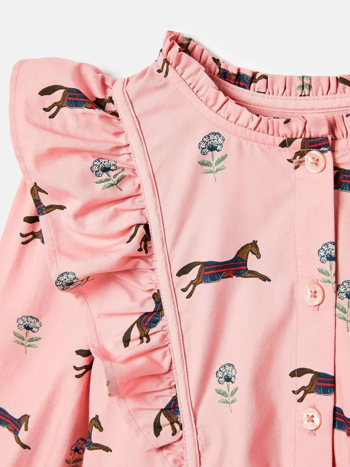 Joules Dresses Girls Pink Horse Print Long Sleeve Frilled Dress