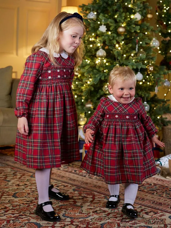 Joules Dresses Girls Trotters London Little Red Charlotte Tartan Smocked Dress