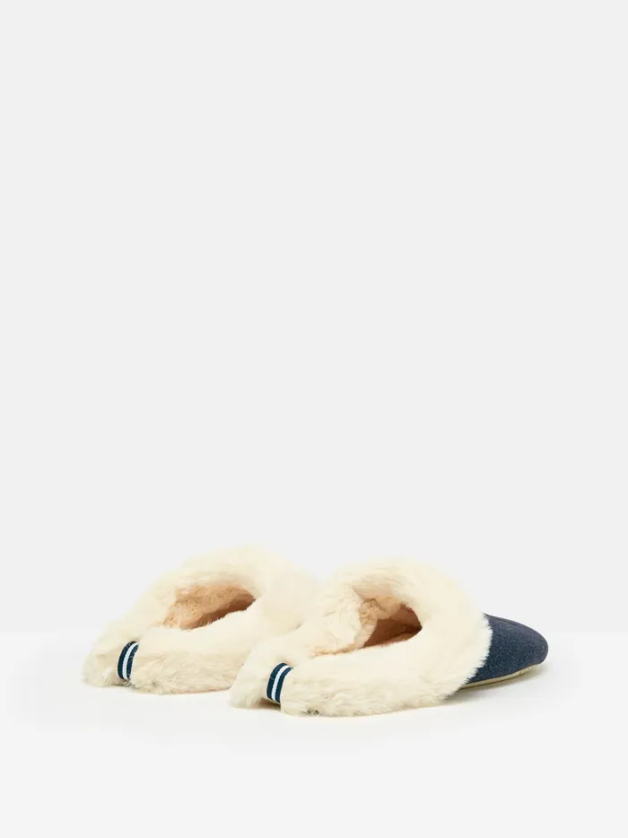 Joules Nightwear Women Blue Faux Fur Lined Embroidered Mule Slippers
