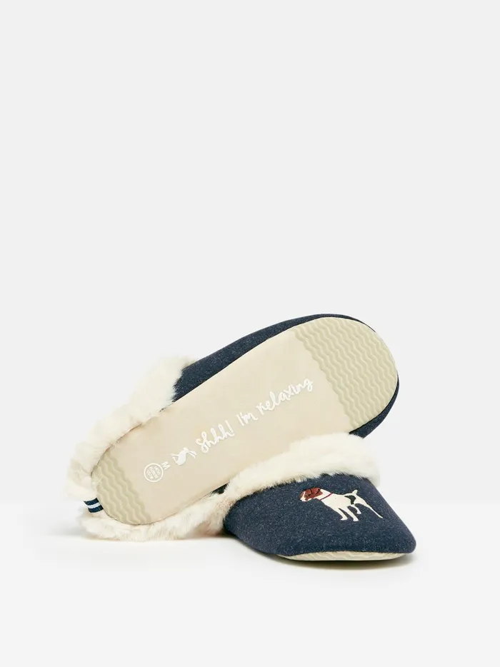 Joules Nightwear Women Blue Faux Fur Lined Embroidered Mule Slippers