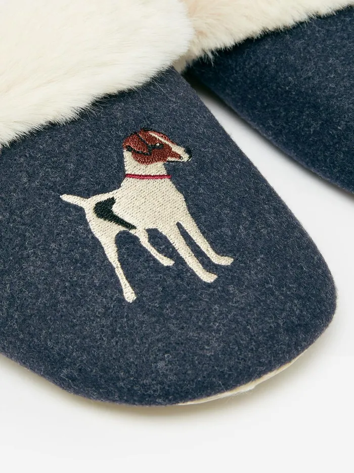 Joules Nightwear Women Blue Faux Fur Lined Embroidered Mule Slippers