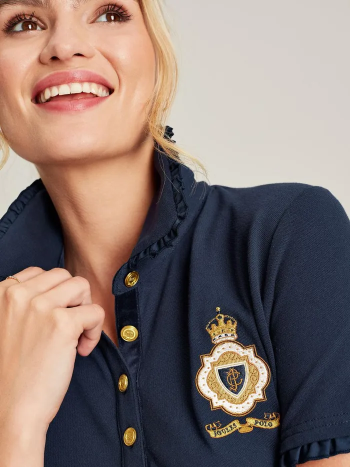Joules Tops Women Blue Short Sleeve Frill Collared Polo Shirt