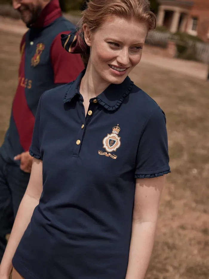 Joules Tops Women Blue Short Sleeve Frill Collared Polo Shirt
