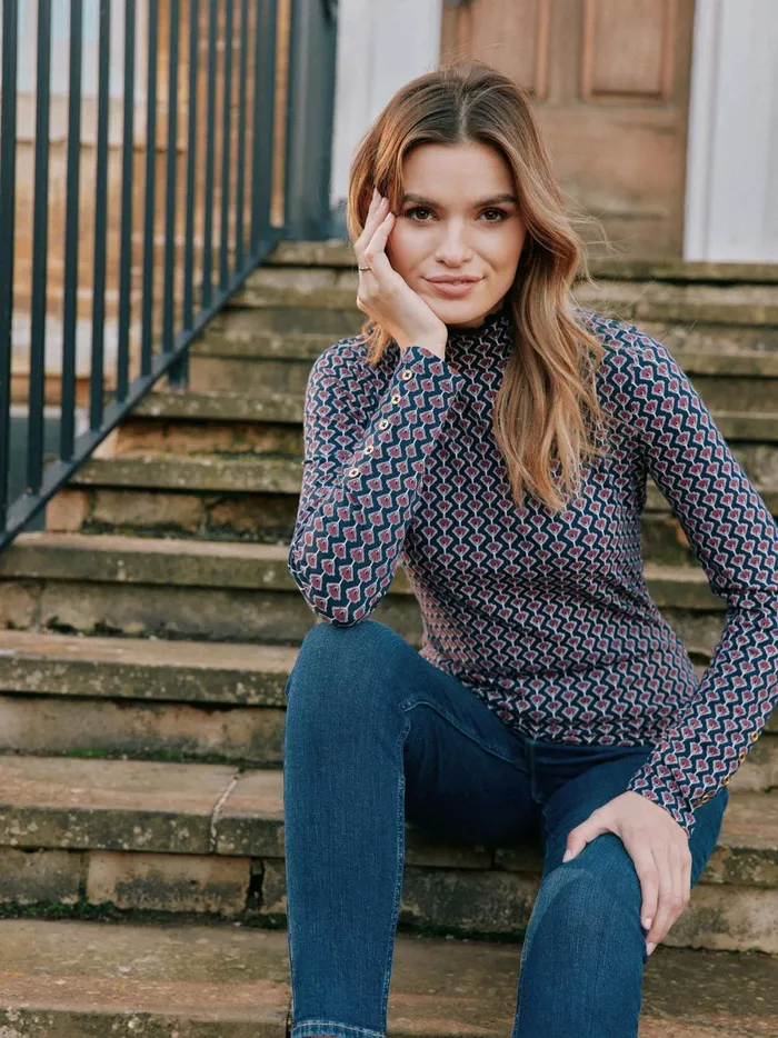 Joules Tops Women Navy Floral Long Sleeve High Neck Jersey Top