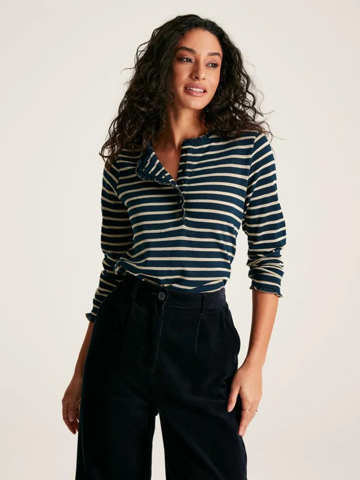 Joules Tops Women Navy Sparkle Striped Long Sleeve Top With Frill Neck