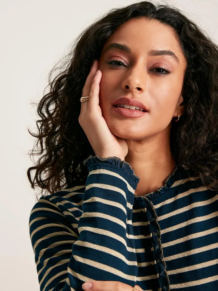Joules Tops Women Navy Sparkle Striped Long Sleeve Top With Frill Neck