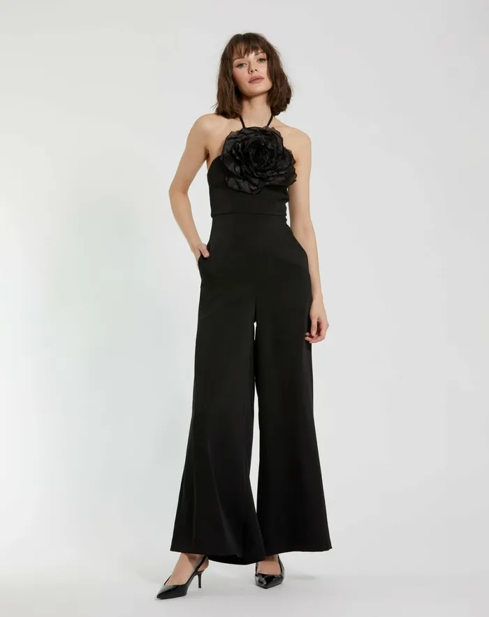 Jumpsuits and Rompers Mac Duggal Women Crepe Halter Neck Jumpsuit With Flower Black