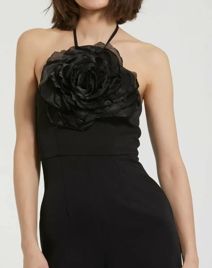 Jumpsuits and Rompers Mac Duggal Women Crepe Halter Neck Jumpsuit With Flower Black
