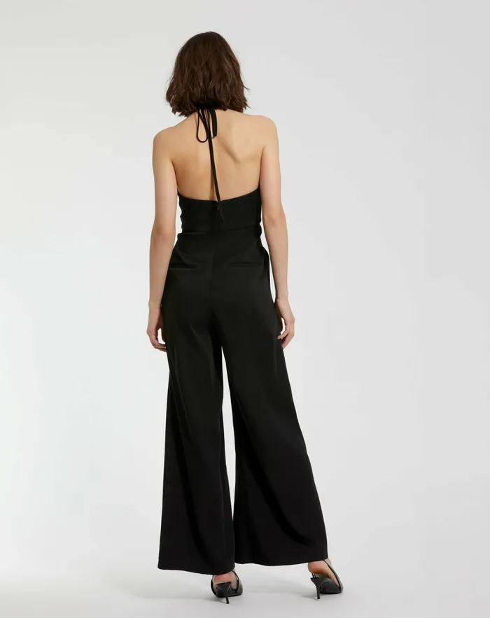 Jumpsuits and Rompers Mac Duggal Women Crepe Halter Neck Jumpsuit With Flower Black