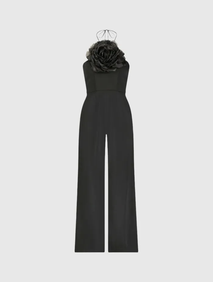 Jumpsuits and Rompers Mac Duggal Women Crepe Halter Neck Jumpsuit With Flower Black