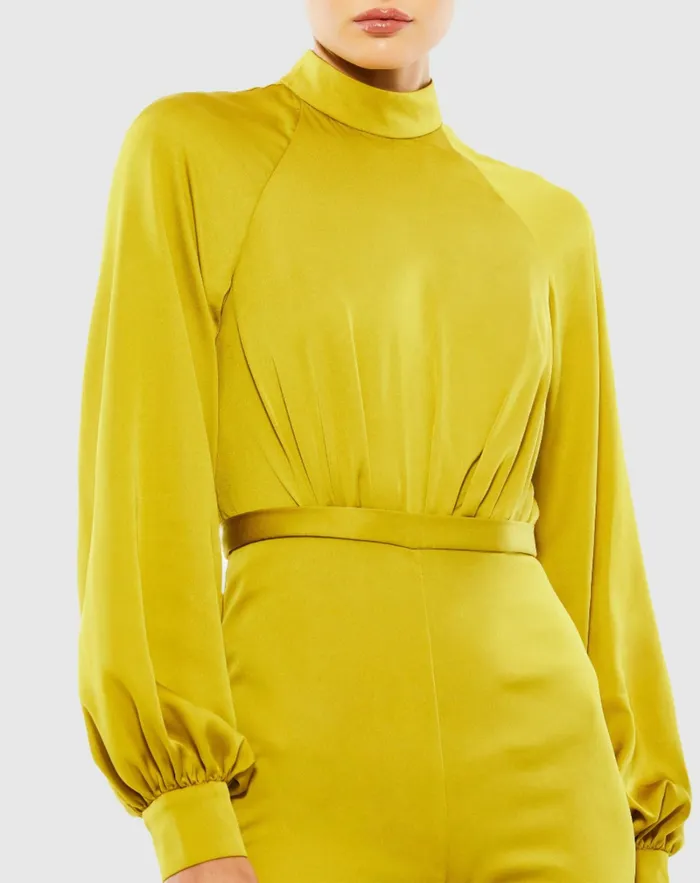 Jumpsuits and Rompers Women Satin Raglan Long Sleeve High Neck Jumpsuit Chartreuse Mac Duggal Jumpsuits and Rompers Women Satin Raglan Long Sleeve High Neck Jumpsuit Chartreuse Mac Duggal