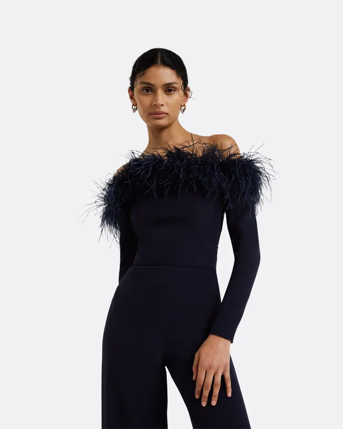 Jumpsuits Veasna Midnight Navy FeatherTrimmed Jumpsuit Midnight Navy 8211 Safiyaa Women
