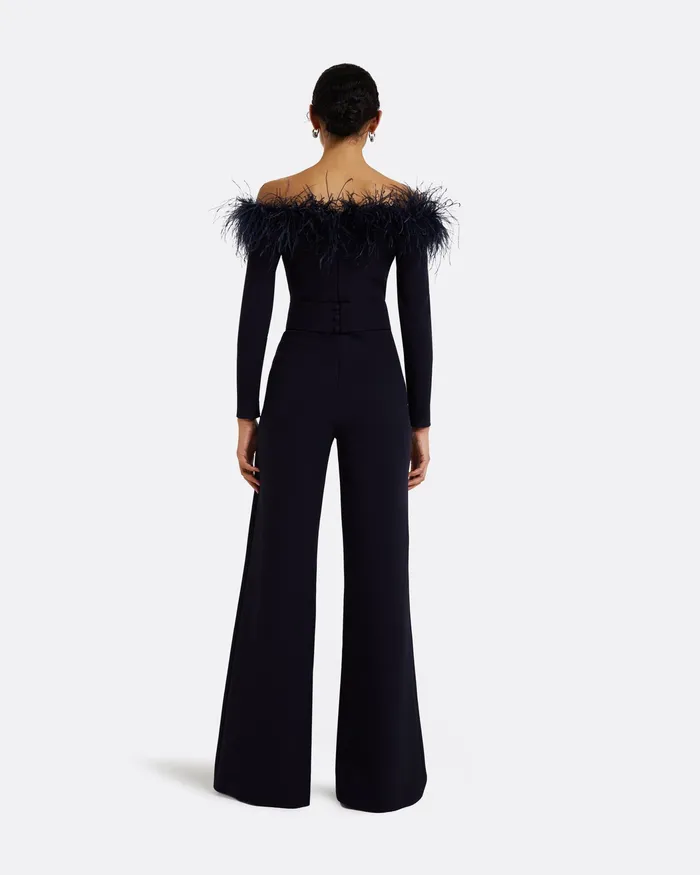 Jumpsuits Veasna Midnight Navy FeatherTrimmed Jumpsuit Midnight Navy 8211 Safiyaa Women