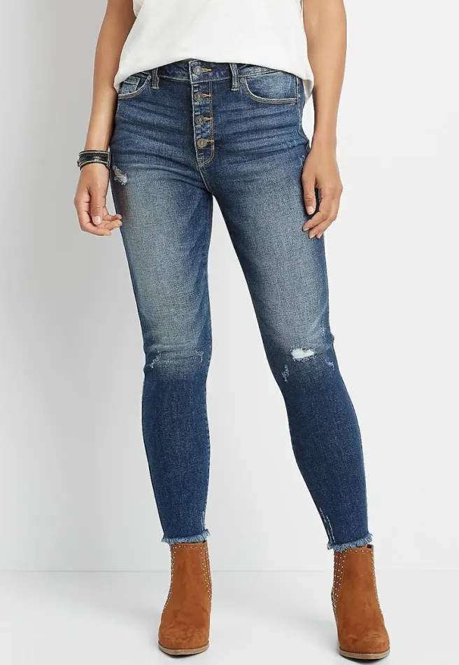 Kancan High Rise Dark Destructed Button Fly Skinny Jean Women Maurices Jeans