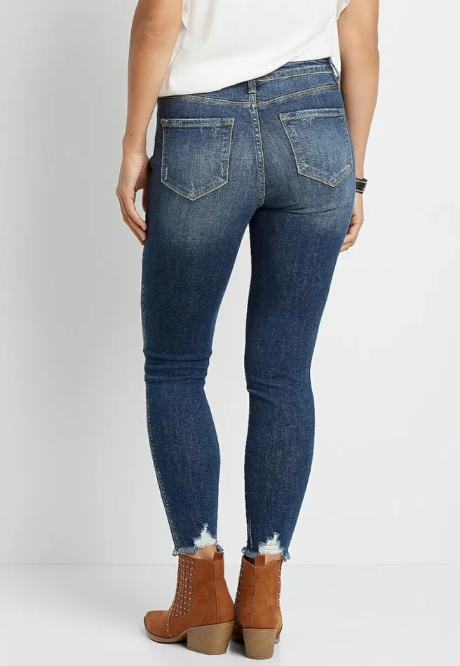 Kancan High Rise Dark Destructed Button Fly Skinny Jean Women Maurices Jeans