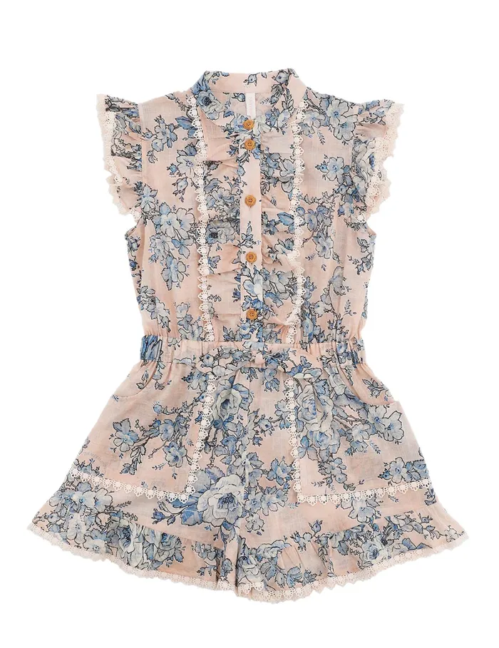 Kids Zimmermann Clothing Halliday Frill Playsuit Peachblue Floral
