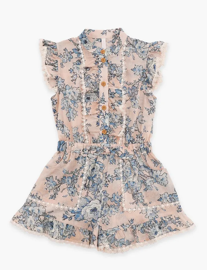 Kids Zimmermann Clothing Halliday Frill Playsuit Peachblue Floral