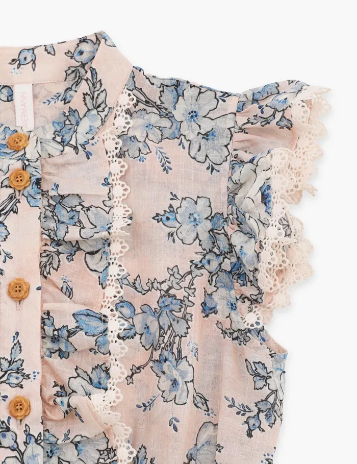Kids Zimmermann Clothing Halliday Frill Playsuit Peachblue Floral