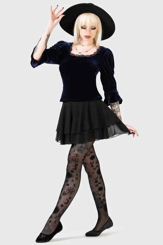 Killstar Long Sleeves Women Dottie Dottie Velvet Top BLUE