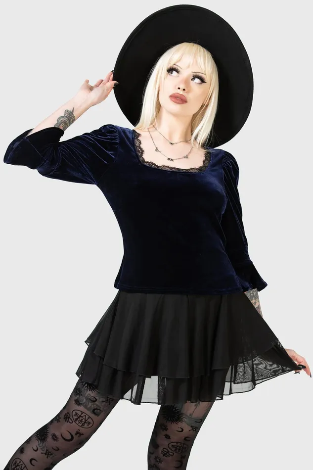 Killstar Long Sleeves Women Dottie Dottie Velvet Top BLUE