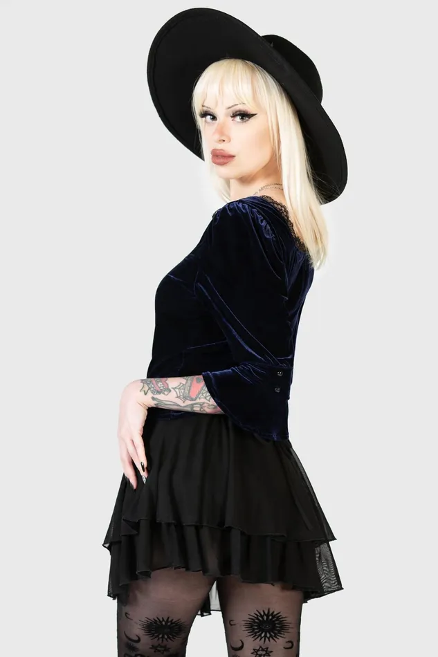 Killstar Long Sleeves Women Dottie Dottie Velvet Top BLUE
