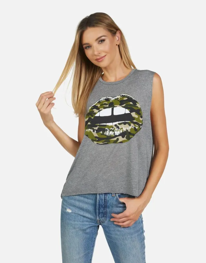 Kinzington Camo Lip Heather Grey Women Lauren Moshi Tanks