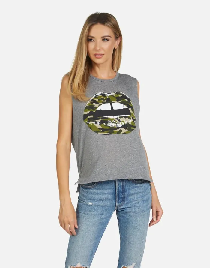 Kinzington Camo Lip Heather Grey Women Lauren Moshi Tanks