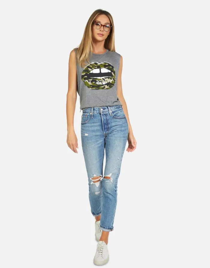 Kinzington Camo Lip Heather Grey Women Lauren Moshi Tanks