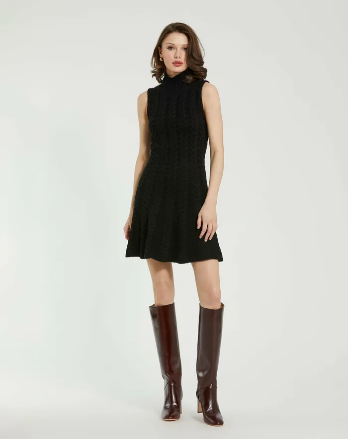 Knitwear Mac Duggal Women Cable Knit Turtle Neck Sleeveless Mini Sweater Knit Dress Black Knitwear Mac Duggal Women Cable Knit Turtle Neck Sleeveless Mini Sweater Knit Dress Black