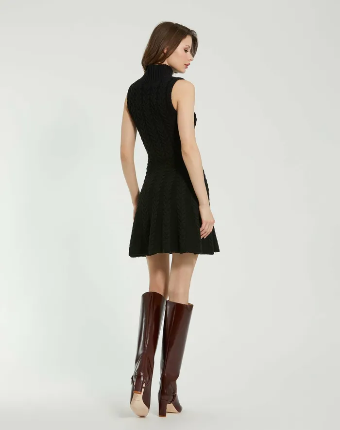 Knitwear Mac Duggal Women Cable Knit Turtle Neck Sleeveless Mini Sweater Knit Dress Black