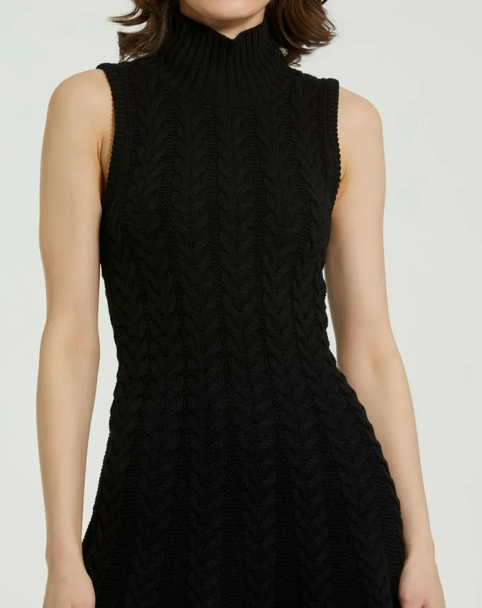 Knitwear Mac Duggal Women Cable Knit Turtle Neck Sleeveless Mini Sweater Knit Dress Black