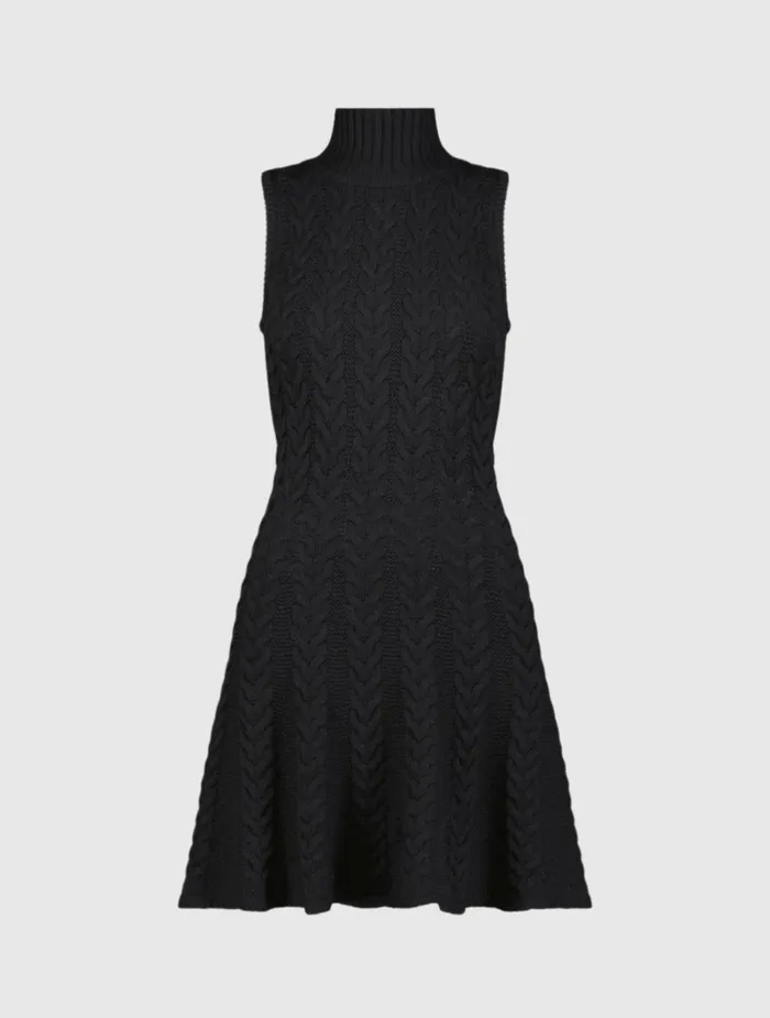 Knitwear Mac Duggal Women Cable Knit Turtle Neck Sleeveless Mini Sweater Knit Dress Black