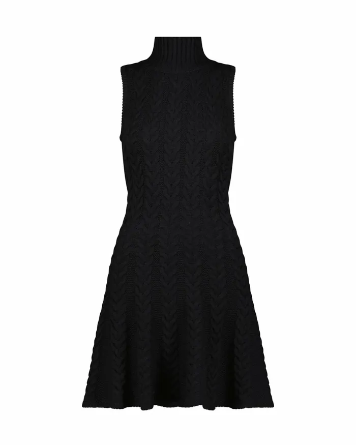 Knitwear Mac Duggal Women Cable Knit Turtle Neck Sleeveless Mini Sweater Knit Dress Black