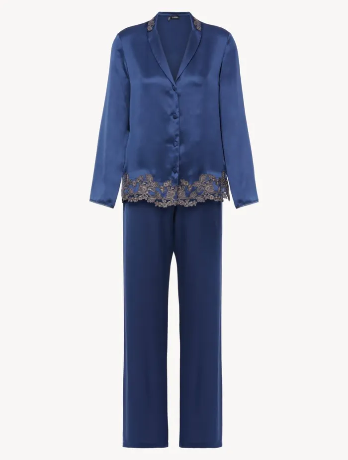 La Perla Blue Silk Long Pajamas With Frastaglio Women Pajamas