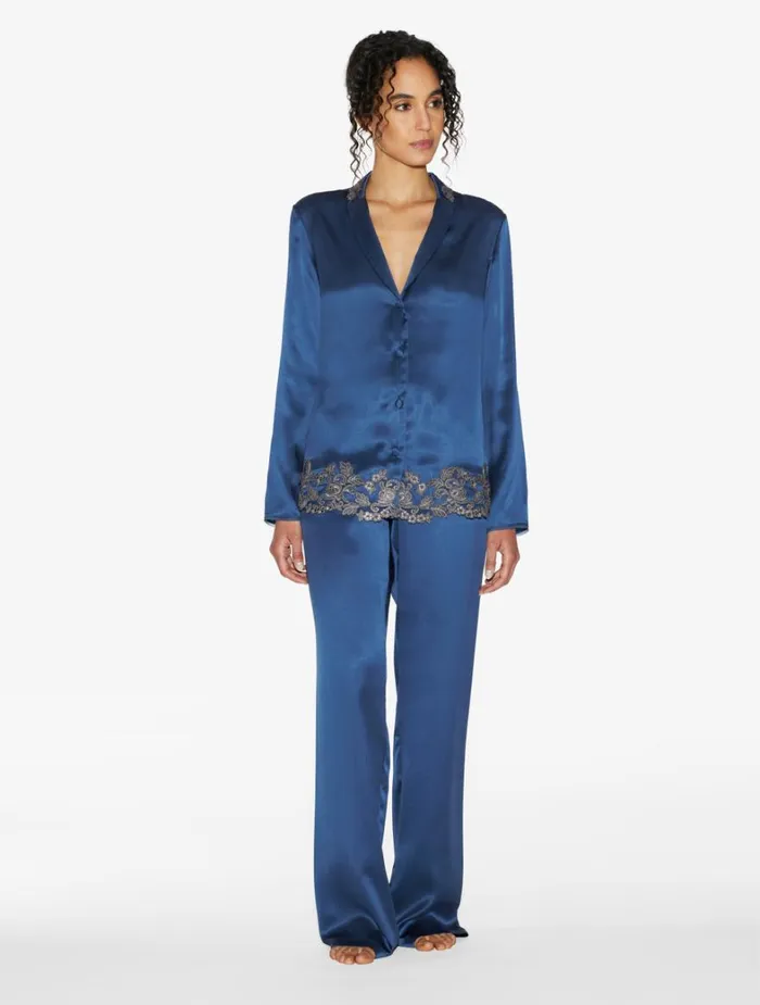 La Perla Blue Silk Long Pajamas With Frastaglio Women Pajamas