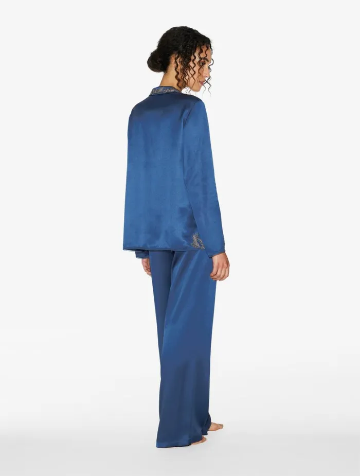 La Perla Blue Silk Long Pajamas With Frastaglio Women Pajamas