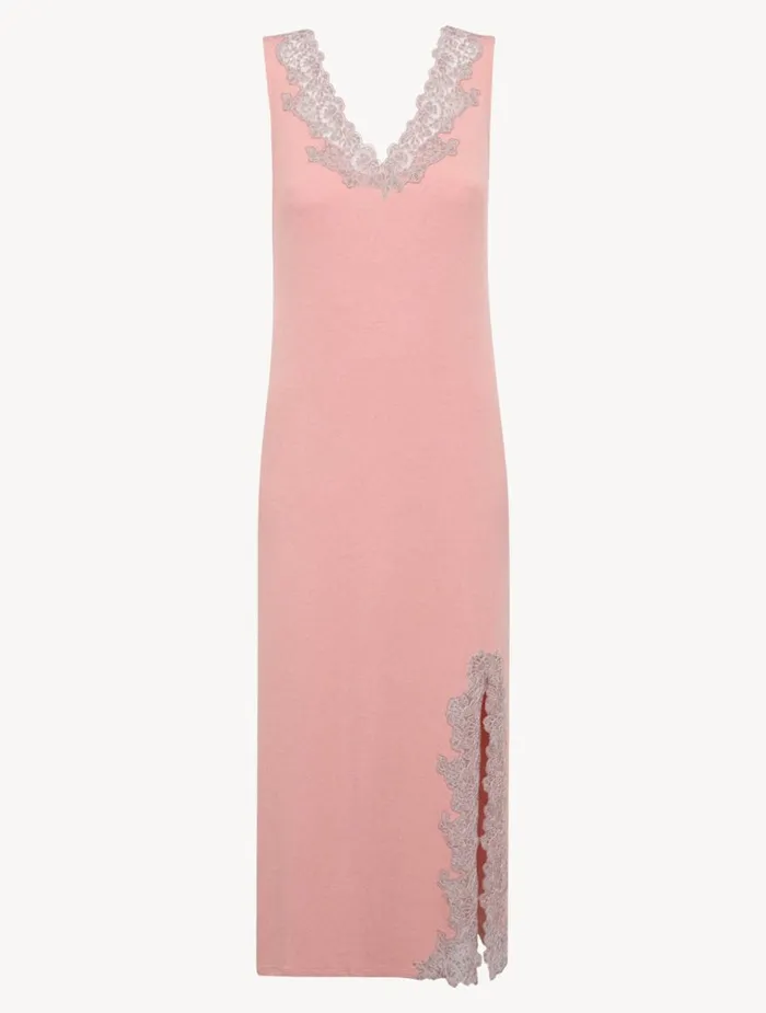 La Perla Cashmere Blend Ribbed Long Nightgown In Blush Clay With Frastaglio Women Pajamas La Perla Cashmere Blend Ribbed Long Nightgown In Blush Clay With Frastaglio Women Pajamas